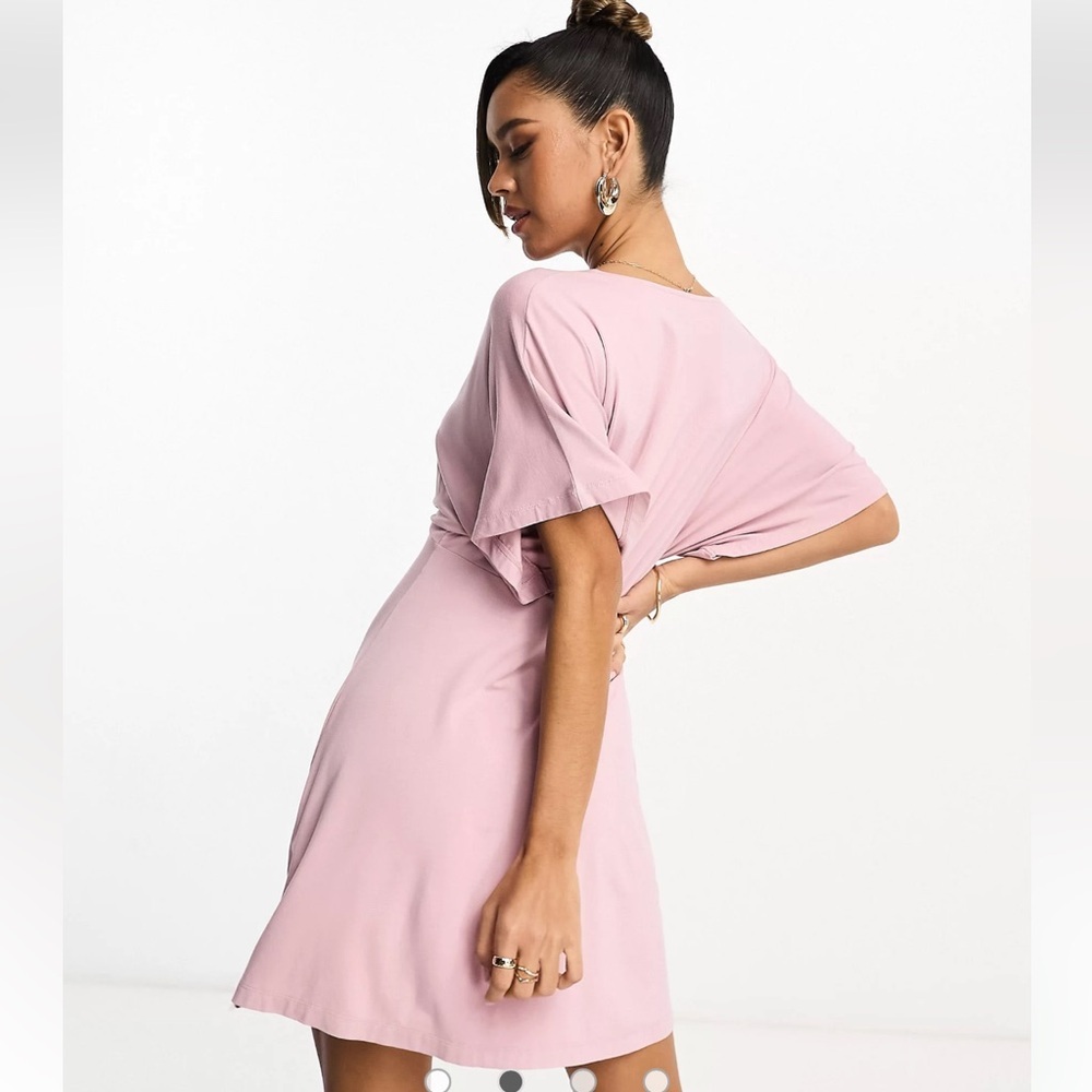 ASOS DESIGN flutter sleeve mini tea dress with buttons in rose pink HH. - Picture 4 of 13